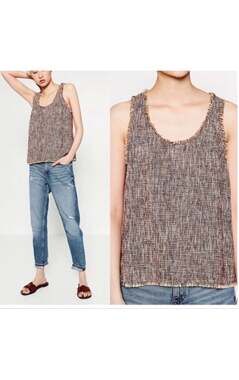 Zara Woman Multicolor Woven Tweed Fringe Trim Sleeveless Tank Top